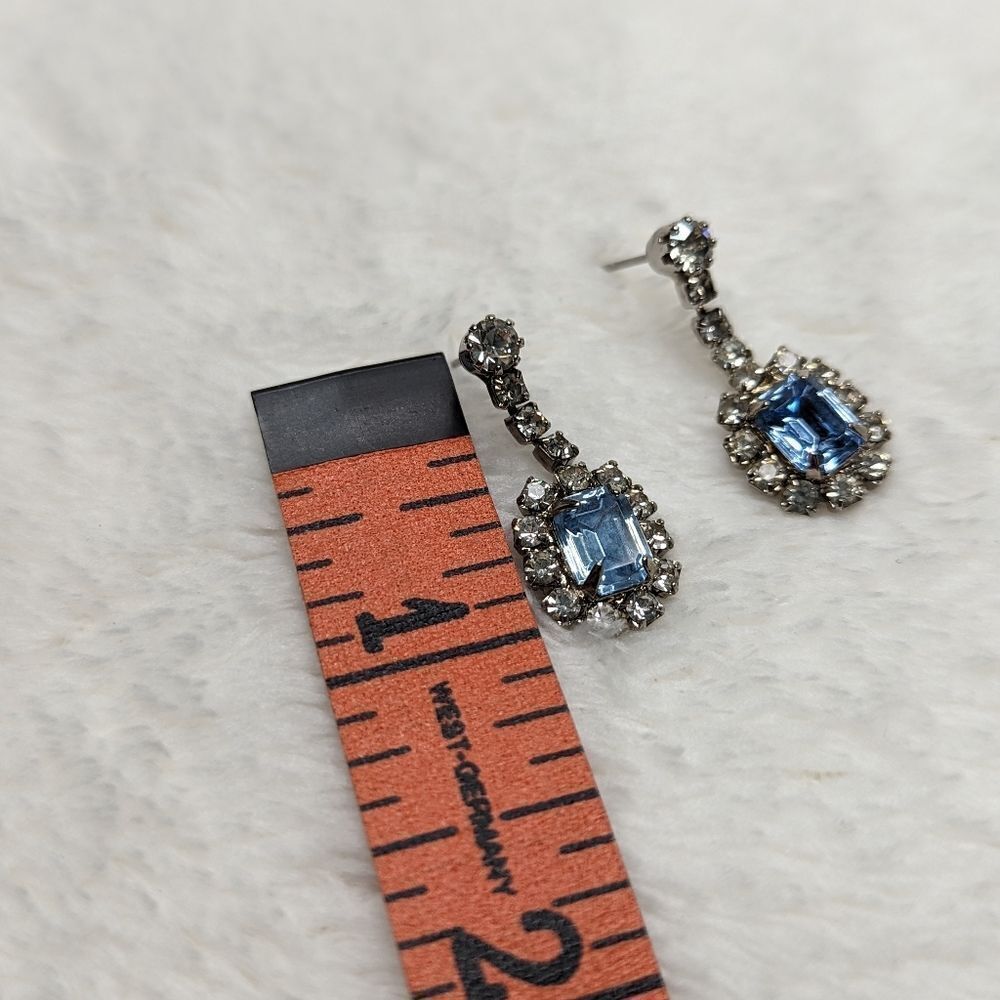 Vintage 80's Blue and Clear Rhinestone Pierced Earrings - Picture 8 of 9